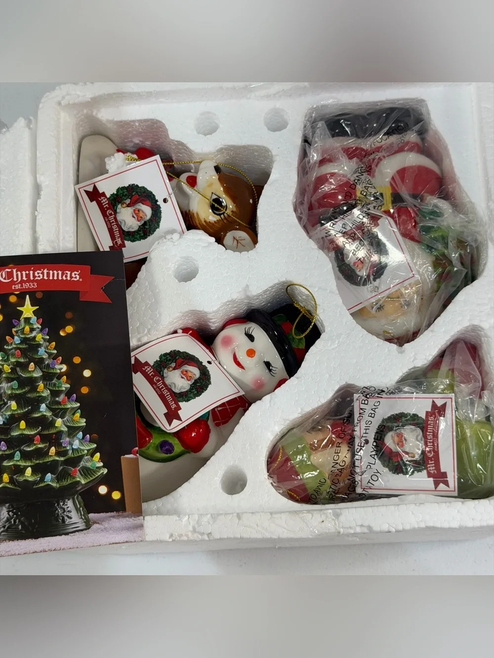 MR. CHRISTMAS Ornaments Nostalgic SANTA CLAUS - REINDEER ELF SNOWMAN SET of 4
